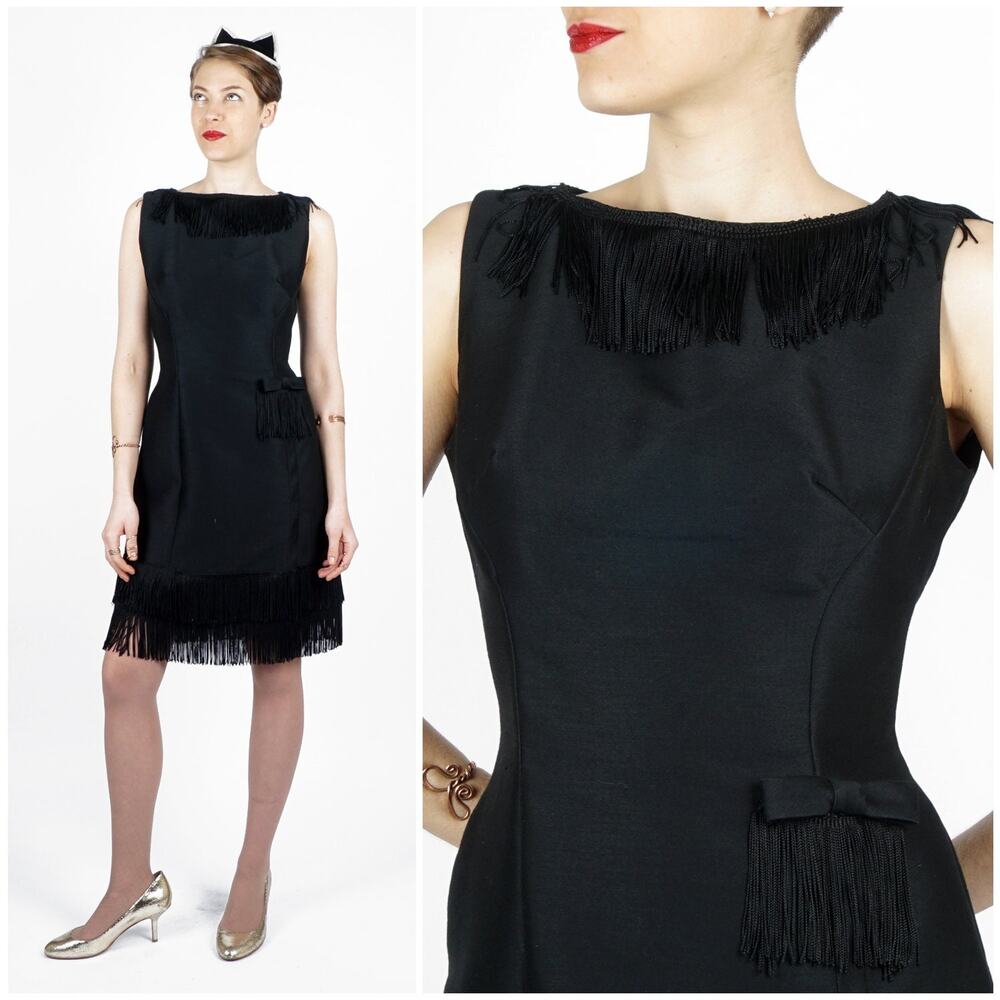 Vintage 60's Mod Black Sleeveless Dress w Fringed Collar & High Side Slit | S/M